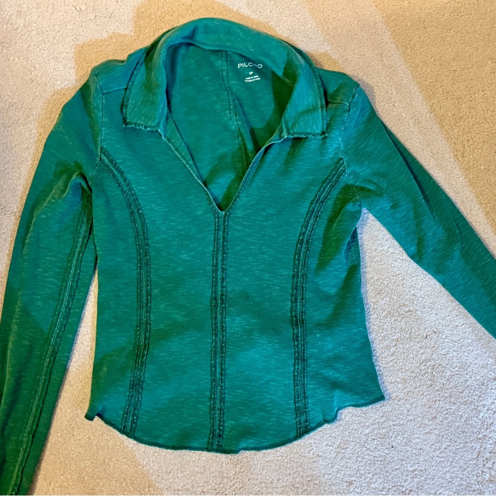 Pilcro Teal Long Sleeve Cropped Shirt